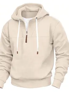 American-style New Classic Solid Color Men's Fleece-Lined Half-Zip Trendy Hooded Contrast Panel Long Sleeve Loose Unisex Couple Sweatshirt