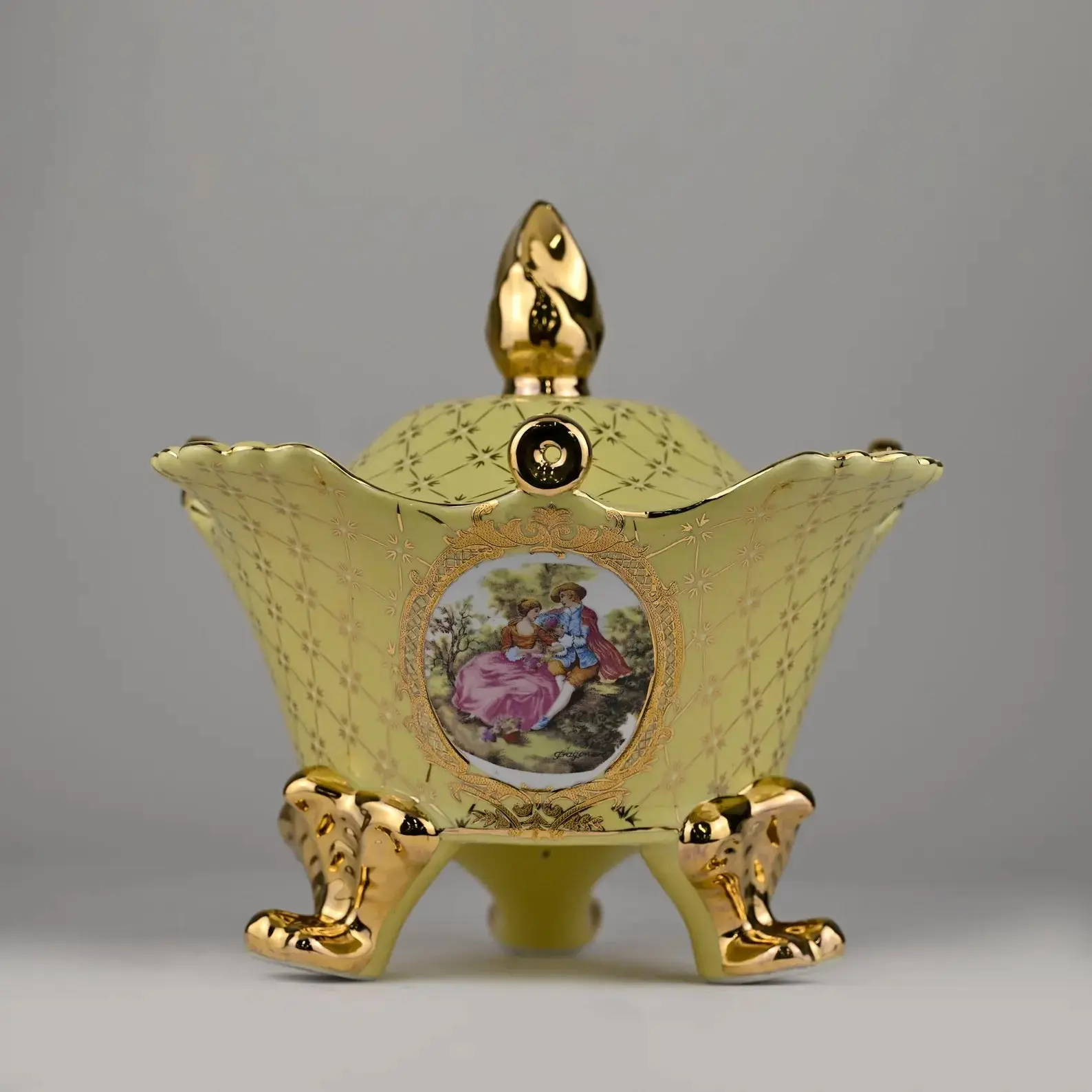 Limoges Porcelain Tureen | Hand-Painted Fragonard-Style | Courting Couple with Gold Detailing | Rococo Centerpiece | 9.5" Wide