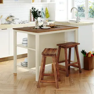 Solid Wood Rustic 3-piece 45" Stationary Kitchen Island Set with 2 Seatings, Rubber Wood Butcher Block Dining Table Set Prep Table Set with 2 Open Shelves for Small Places,Walnut+Cream White (High end and high-quality)