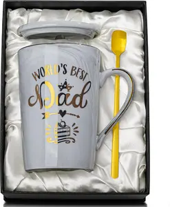 Grey Marble 14Oz Ceramic Coffee Mug - Worlds Best Dad, Funny Fathers Day Gift with Gold Print, Includes Lid, Spoon, Greeting Card, Gift Box