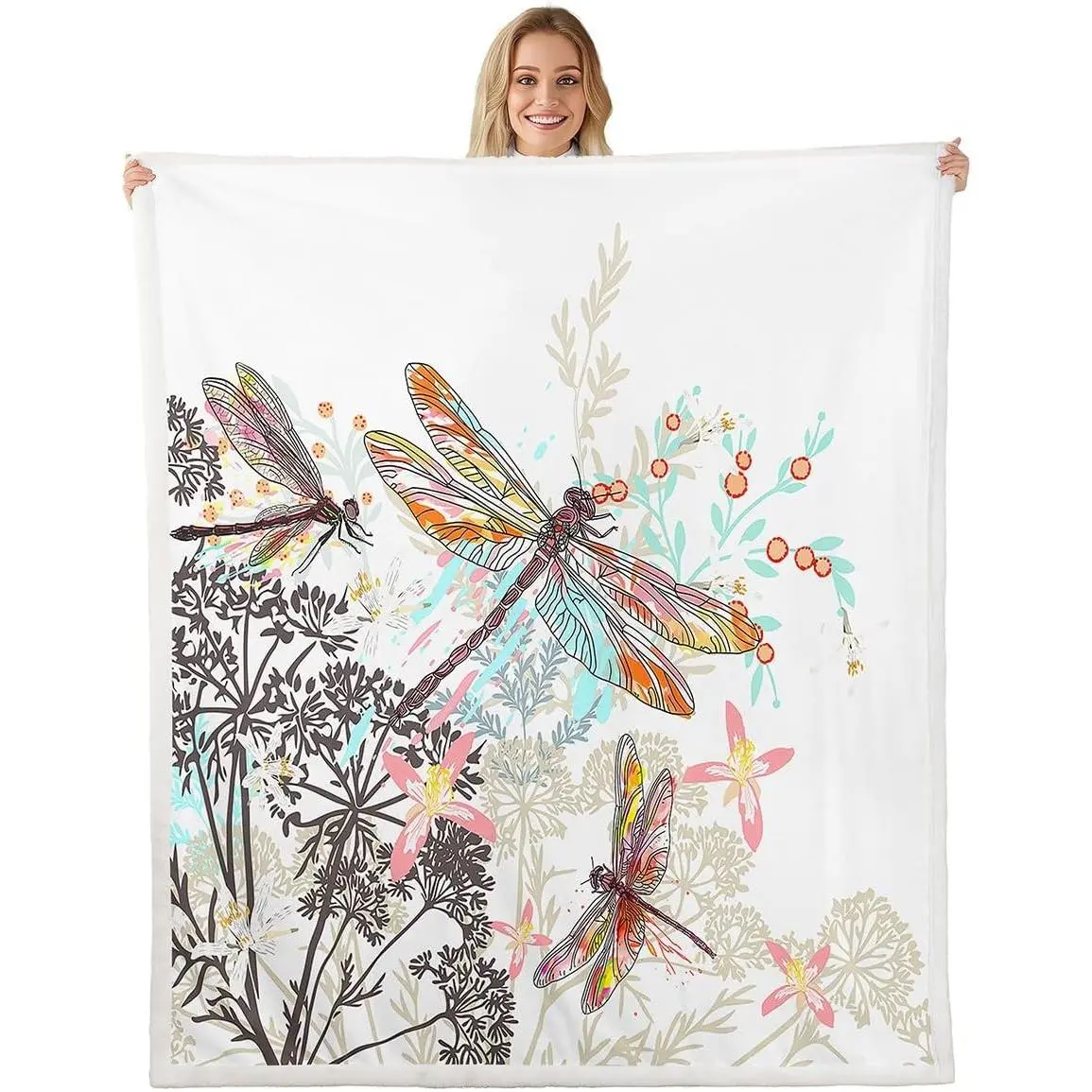 Dragonfly Fleece Sherpa Throw Blanket Soft Cozy Fluffy Flowers Fuzzy Blanket Caring Gift for Women & Adults Botanical Weed Plush Microfiber Blanket