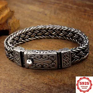 A S925 925 silver men's bracelet, featuring a hypoallergenic wide design with a rugged, vintage appearance. This stylish silver bracelet is an ideal gift for birthdays, Father's Day, or for your boyfriend, and is perfect for everyday wear