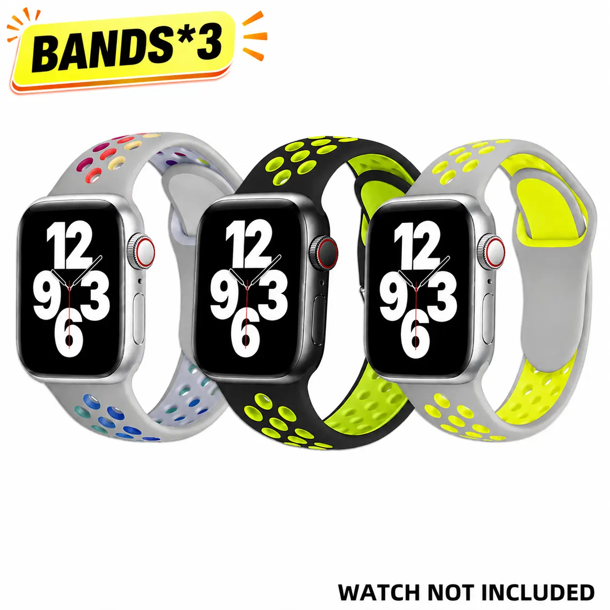 3 Pack Breathable Silicone Watch Bands, Sport Replacement Straps with Perforated Hole Design, Soft Lightweight Sweatproof Wristbands Compatible with Apple Watch Ultra 3/2 Series 11 10 9 8 7 6 5 4 SE