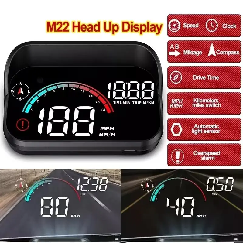 M22 GPS Car Head Up Display, Windshield Speedometer Projector with Compass, Overspeed Alarm, Trip Mileage, Auto Brightness Sensor, USB Plug and Play HUD Speed Meter for All Vehicles