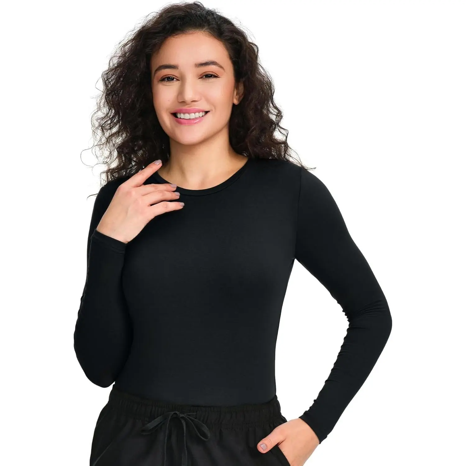 Women's Long Sleeve Underscrub Tee, Minimalist Crew Neck Slim Fit Shirt, Smooth Light Basic Base Layer for Medical Wear, Polyester, Fabric, Soft, Longsleeves, Undershirt, Top, Polyester Blend, Stretch Fabric, Clean Cut, Round Neck, Underwear For Women
