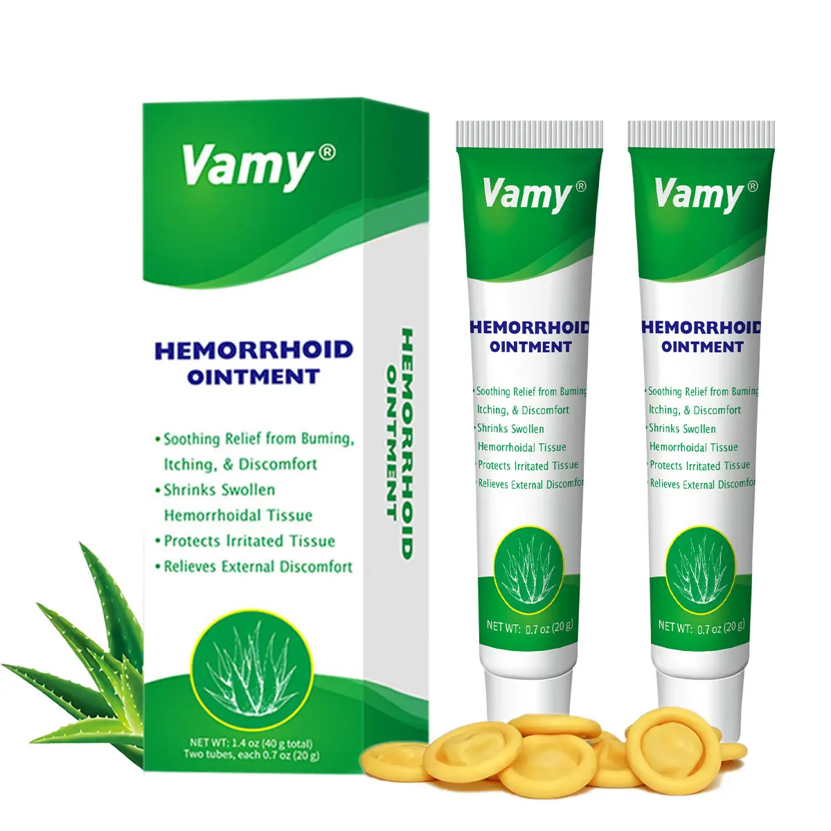 VAMY Organic Aloe Hemorrhoid Cream-Gel for Sensitive Skin - Healing Healthcare Treatment Therapy, Aloe Moisturizing Body Balm for Fast Pain, Itching & Swelling Relief with Finger Covers, 1.4 oz