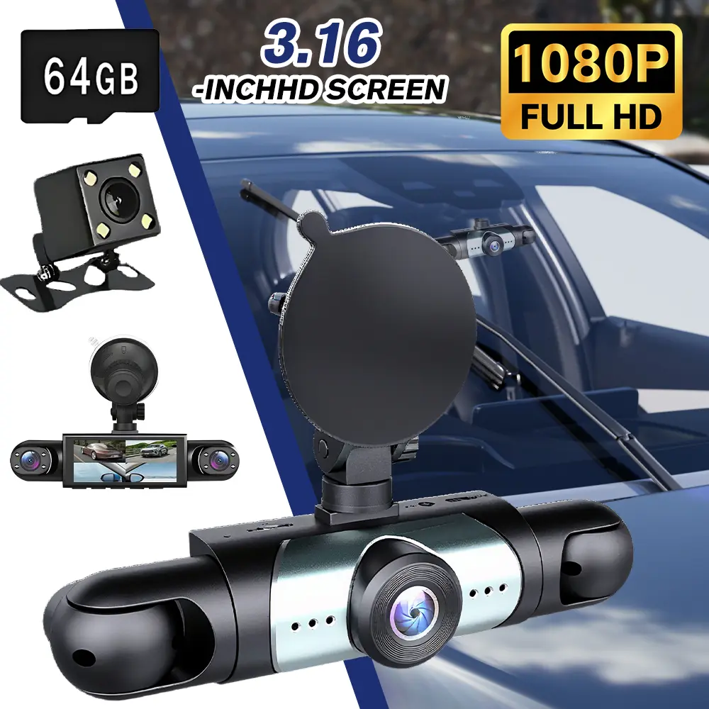 【DealsForYou】3.16 inch IPS Screen Dash Cam With 4 Channel Front and Rear Inside 1080P Triple Lens 3.16 inch IPS Screen Parking Monitor G-Sensor Night Vision 170° Wide Angle with 64GB Card, Perfect Christmas & New Year Gift ldea