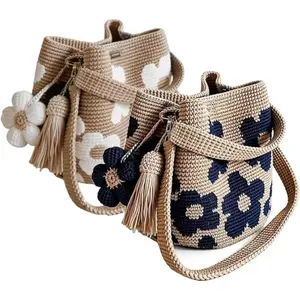 Handmade Crochet Flower Tote, Summer Vacation Travel Women Beige Mesh Knit Shoulder Bag with Cute Flower&Tassel Charm | Handmade, with Cute Charm, Large capacity, Fashion