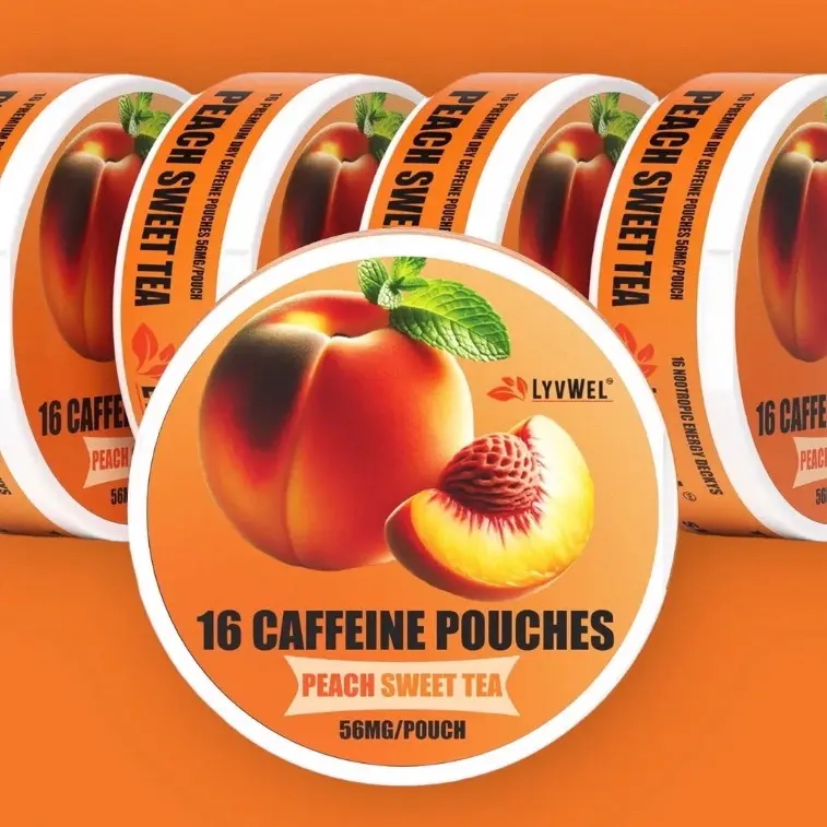 Peach flavored Caffeine pouches 5 jars (80 pouches) energy drink boost immunity Beverage Sweet lyvwel Nootropic