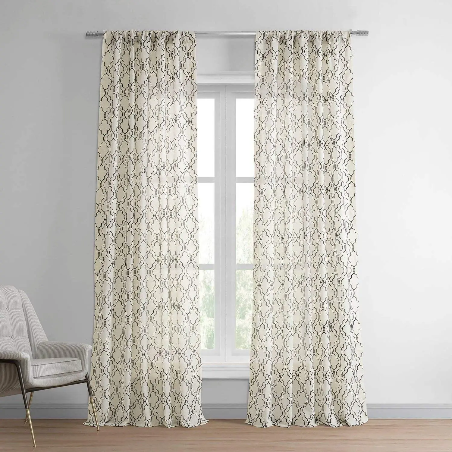 Saida Geometric Embroidered Faux Linen Sheer Window Curtain - Durable French Country Window Covering with Privacy Control, Room-Darkening Features, Functional Beauty, Dry Clean Only, Curtain For Windows