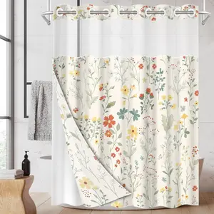 1pc hookless shower curtain, Bathroom curtain, off-white background with small floral pattern design, 2D flat printing, fabric waterproof lining, see-through double-layer, 71 x 74 inches