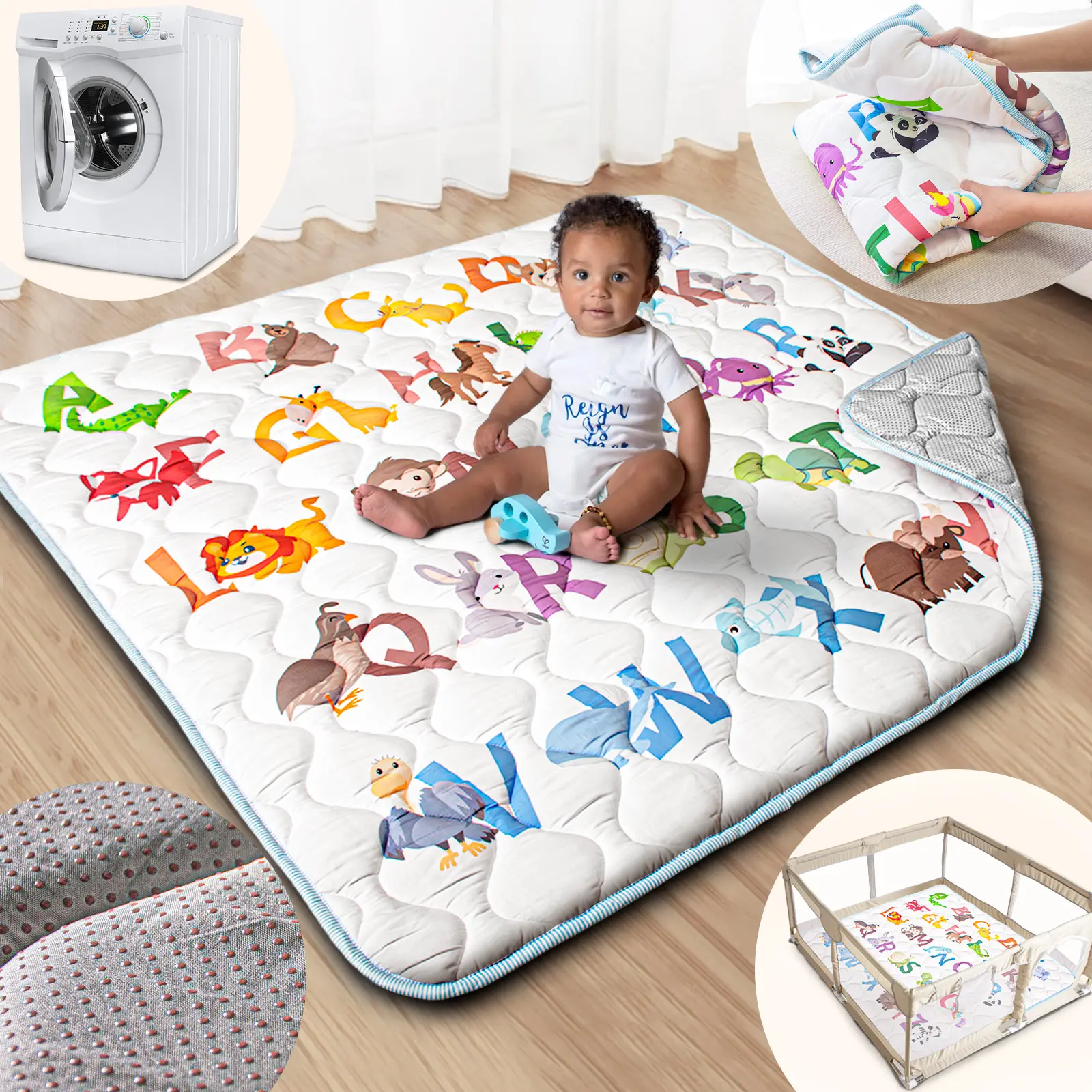 Baby Play Mat, 50x50 Playpen Mat with Super Soft Touch,  with Upgraded Anti-Slip Bottom, Machine Washable Babymat for Floor & Picnicn Decoration Items, 1 in Thick Soft Furry Cushion