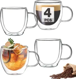 Double Wall Insulated Glasses Espresso Cups Set of 4 (50% Thicker), 5 oz Clear Coffee Cups with Handle, Shot Glasses, Suit for Espresso Machine, Latte, Cappuccino, Glass Coffee Mugs