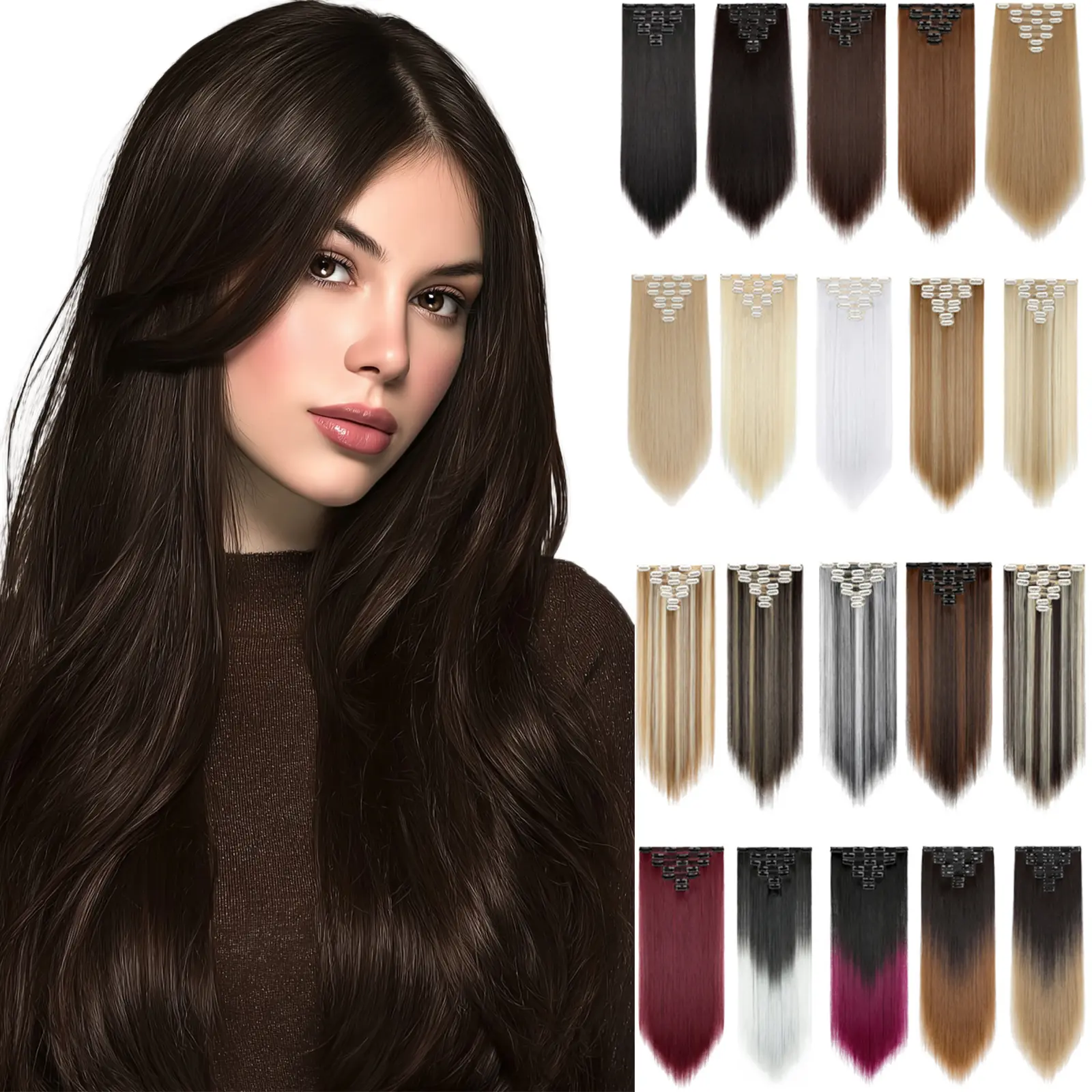 Dulchany Clip in Hair Extensions, 23 Inch Natural Straight Layered Synthetic Hairpieces for Women, 7-Piece Thick Double Weft Set, Layered Hair Extensions, Hair Extensions Clip In