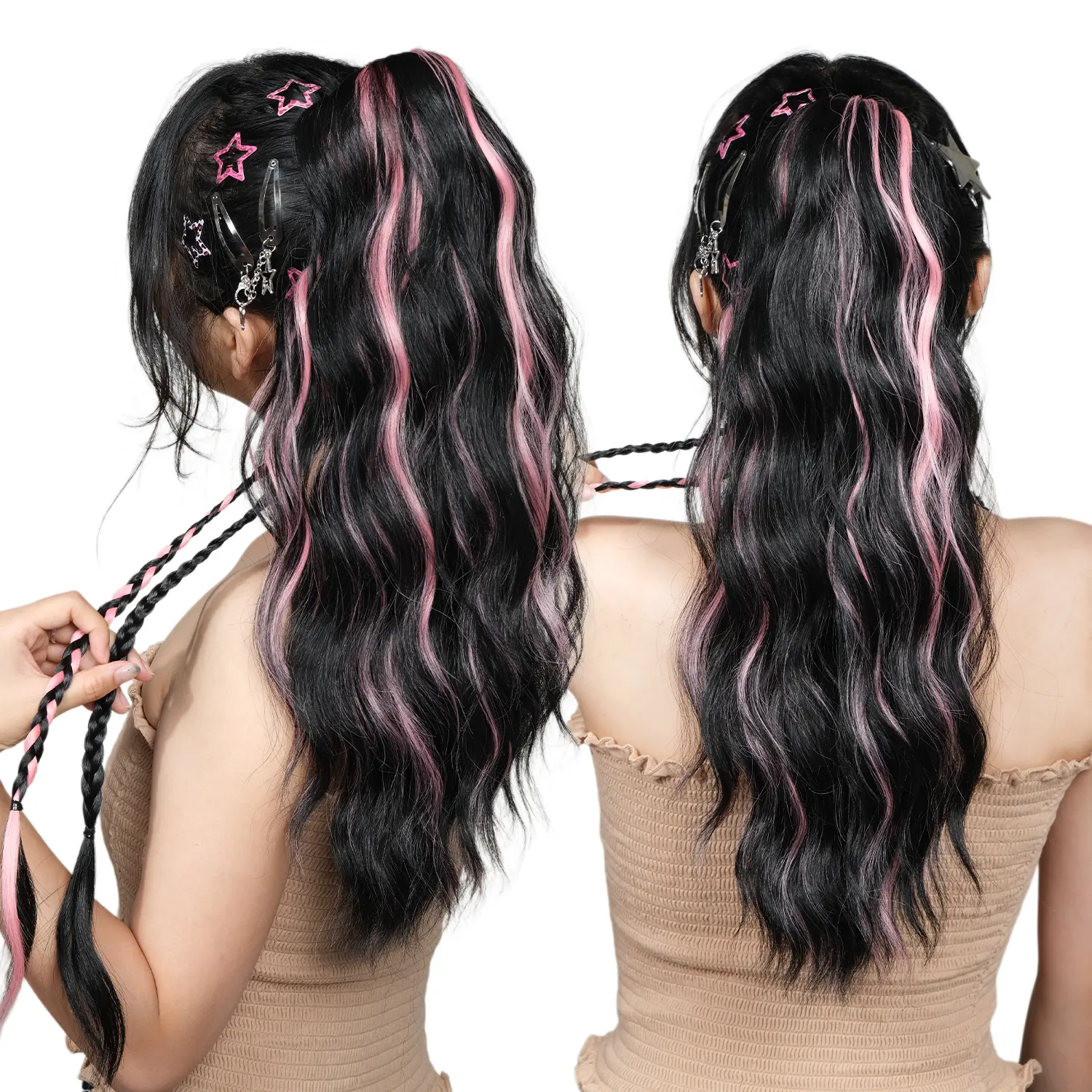 BrownBomb 18 inch Long Wavy Synthetic Hair Extensions Claw Clip for Women, 2-in-1 Design for Ponytail & Twin Braids, Premium Soft Fiber, Ultra-Lightweight, Natural Fluffy Volume, Breathable Summer Wear, Multiple Colors