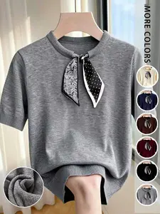 Short Sleeve Knit Sweater with Scarf Bow Tie, Casual Commuter Style, Spring & Fall Inner Layer Outer Wear