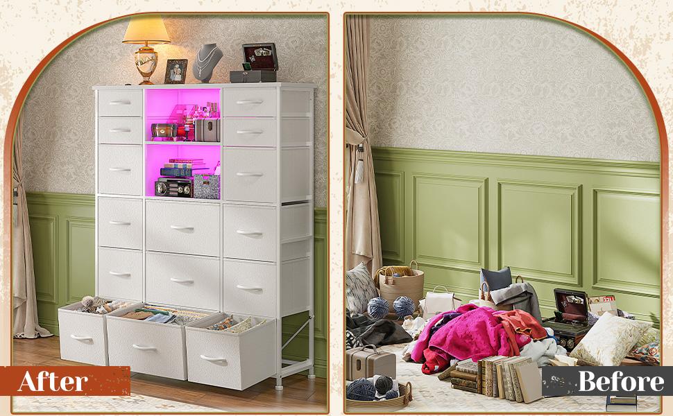 Raybee Furniture 51" H Dresser with 15 Drawers Dresser for Bedroom, with Charging Station & LED Lights & Hutch Sturdy, Steel Frame, Wood Top Raybee Furniture 51" H Dresser with 15 Drawers Dresser for Bedroom, with Charging Station & LED Lights & Hutch Sturdy, Steel Frame, Wood Top