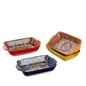 4-piece set of bohemian-style rectangular ceramic anti-scald dinner plates, dishwasher and microwave safe, can be used as baking trays. Suitable for serving mashed potatoes, salads, fruits and pastries. Ideal for home, restaurant and buffet use.