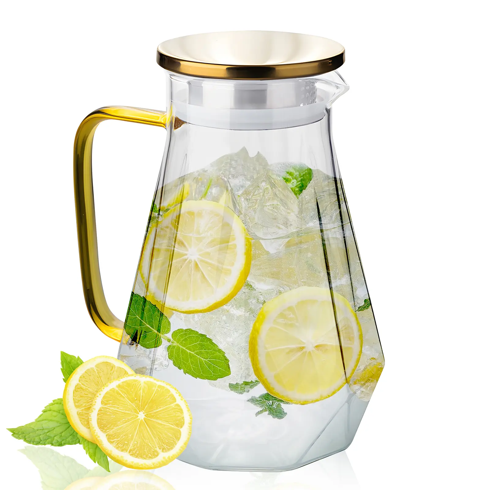 2L Diamond-Cut Transparent Glass Water Pitcher & Jug with Handle, Gold Stainless Steel Lid, Hot & Cold Safe, Dishwasher-Friendly, Ideal for Beverages, Juice
