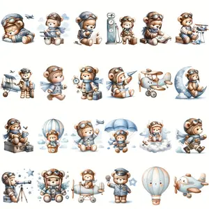 36Pcs Cute Pilot Bear DIY DTF Transfer Stickers Washable Heat Transfer Patches for T-shirts Masks Jeans Backpacks Crafts Accessories