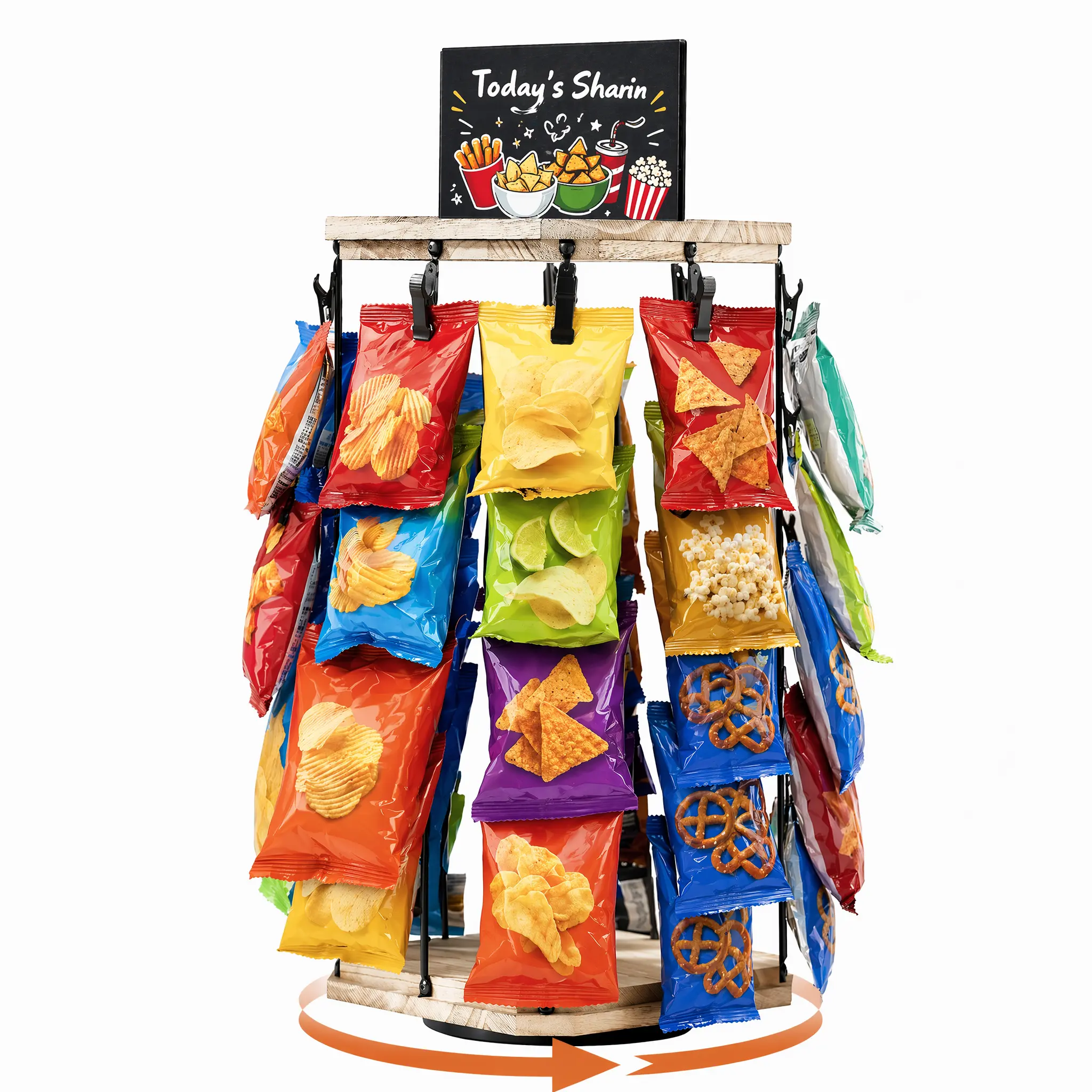 Chip Rack Display Stand, 5 Tiers 40 Clips Snack Organizer for Office Desk, 360° Rotating Wooden Base Chip Holder Candy Display for Concession Stand, Countertop, Party, With Message Board