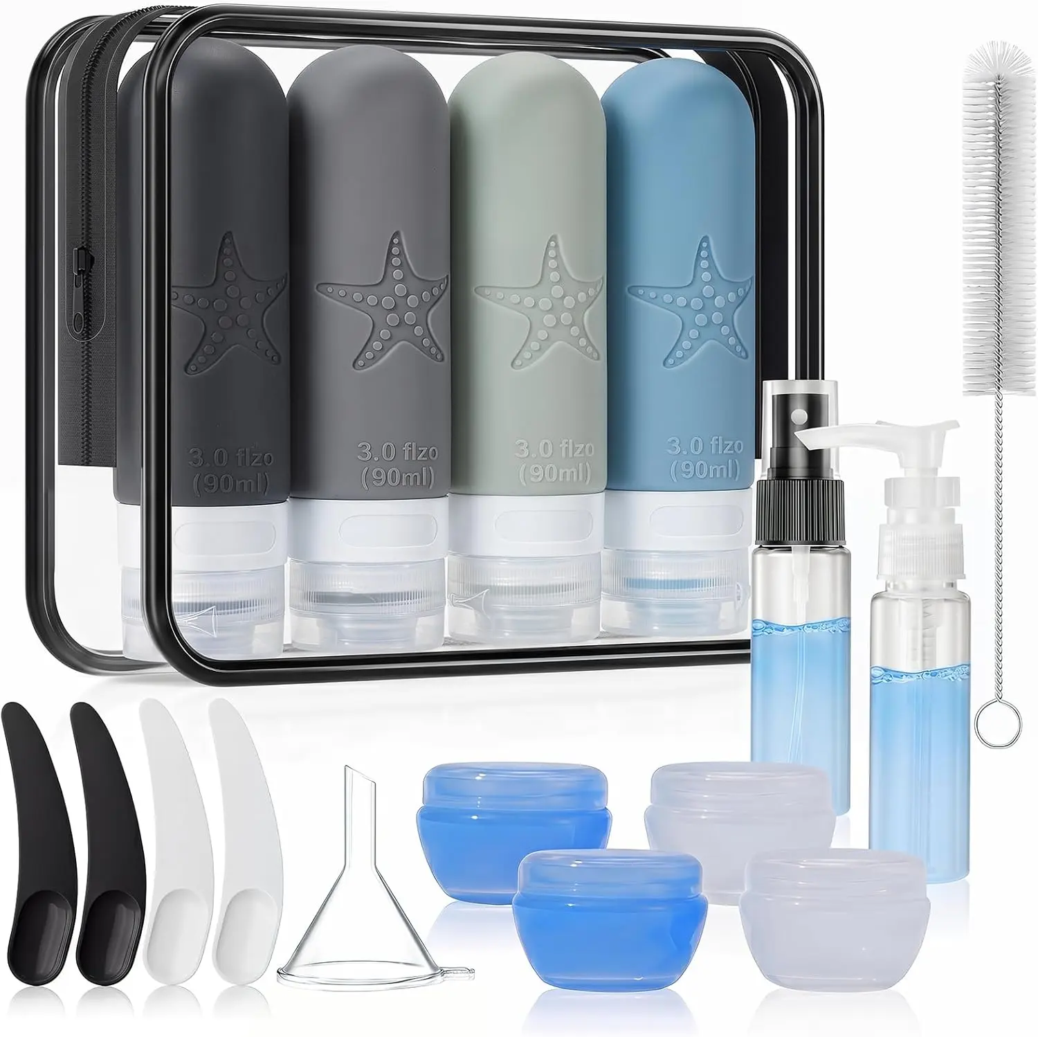 18 Pack Travel Bottles for Toiletries - TSA Approved, Triple Leak Proof Silicone Set, 3oz Refillable Travel Essentials Kit for Shampoo, Conditioner, Lotion & More, Gray, BPA Free