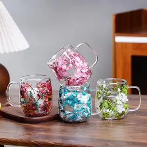 Double Glass Flower Tea Cup, 250ml Double Wall Glass Coffee Cup, Insulated Transparent Cup with Dried Flowers, Heat Resistant Drinkware Tumbler, New Year Gift.The top choice for Mother’s Day Gift