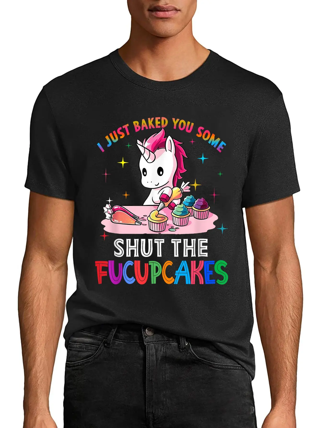 Men's Vintage Distressed Short-Sleeve Cotton Graphic T-Shirt - Funny Unicorn 'Shut The Fucupcakes' Print, Unisex Preppy Fitted Tops, Casual Novelty Gift, Wide Size Range