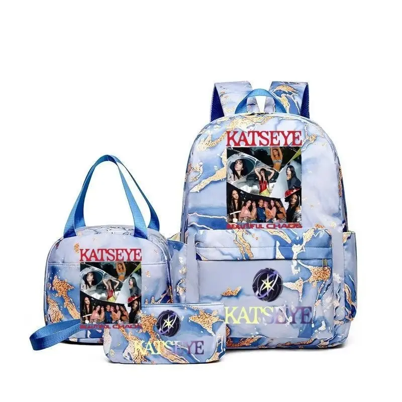 KATSEYE 3pcs Backpack Set - Blue Marble School Bag with Lunch Bag & Pencil Case