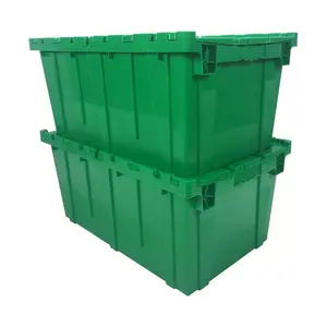 UBMOVE Green Plastic Storage Tote Crates with Attached Lid 27x17x12 Inches 2-Pack Reusable Moving Supply Organiser