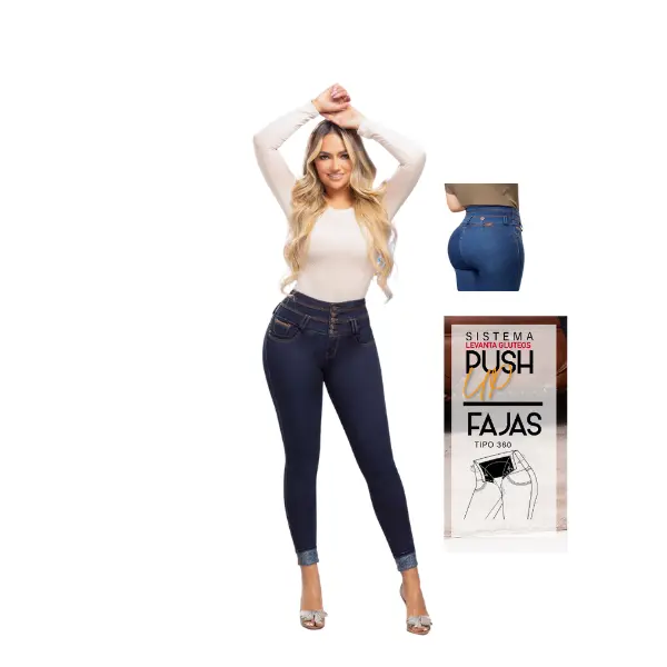 Premium Colombian women's ribbed jeans with a 360° waistband, high-waisted design with 5 buttons, push-up effect that enhances the buttocks, fitted cut with tummy control, and an elegant design that accentuates curves. Beautiful jeans