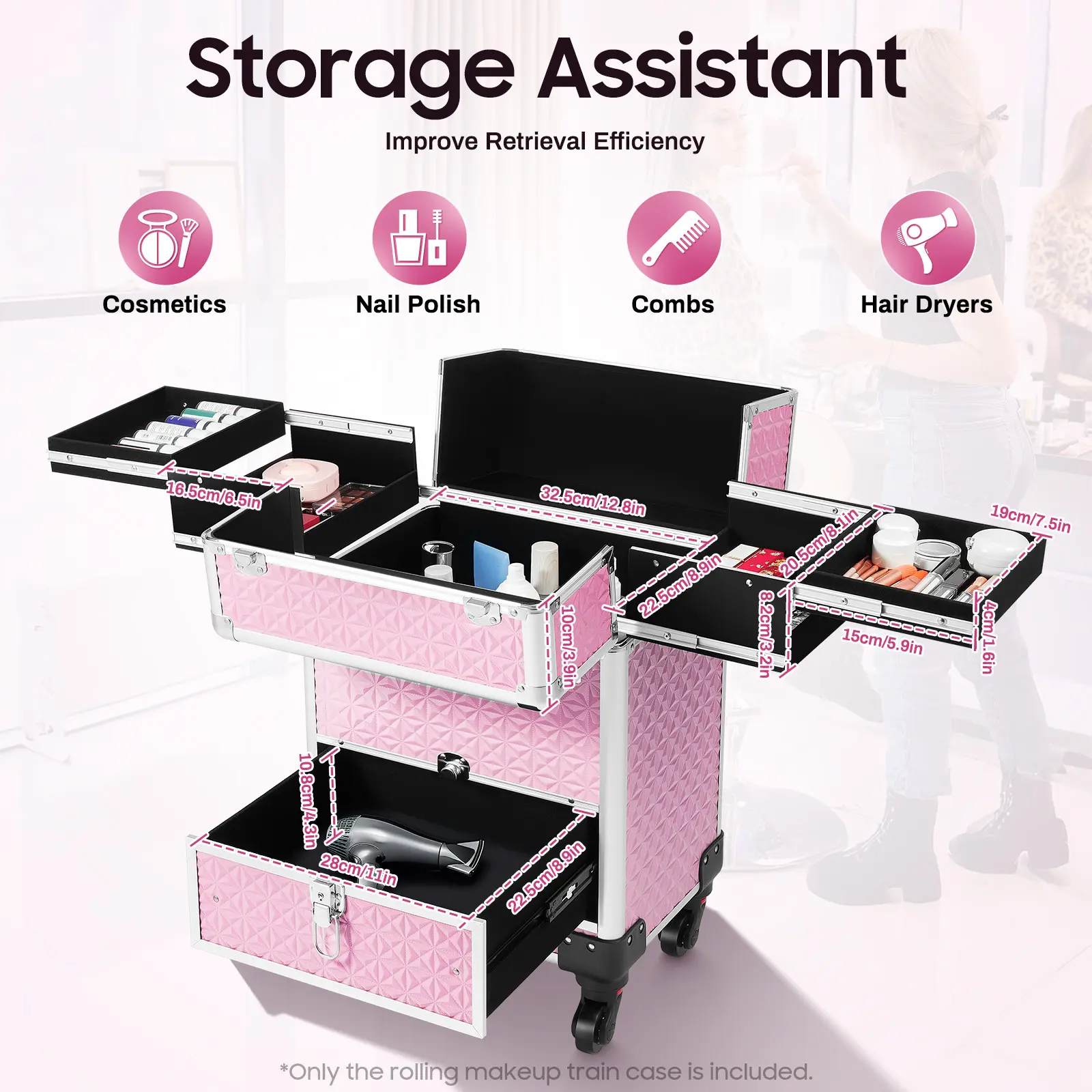 CNCEST Modern Rolling Makeup Train Case - Makeup Organizer, Professional Nail Technician Salon Trolley with Adjustable Compartments, Durable ABS Plastic & Aluminium Frame, Pink, Detachable Wheels, 20kg/44.09lbs Capacity, 5.8kg/12.79lbs Self Weight, Anti-C