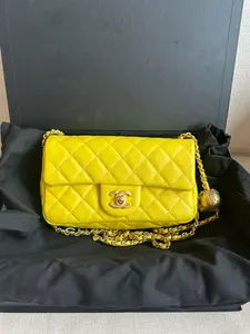 Pre-owned CHANEL 23C Gold Ball Mini Rectangular Flap Bag Lemon Yellow Lambskin New Unused Full Set