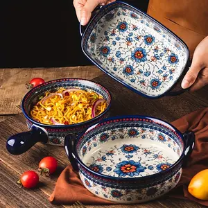 Vintage Floral Design Ceramic Bakeware Casserole Pan, Ceramic Baking Dish, Microwave & Oven Safe Cooking Dish with Handle, Kitchen Essential