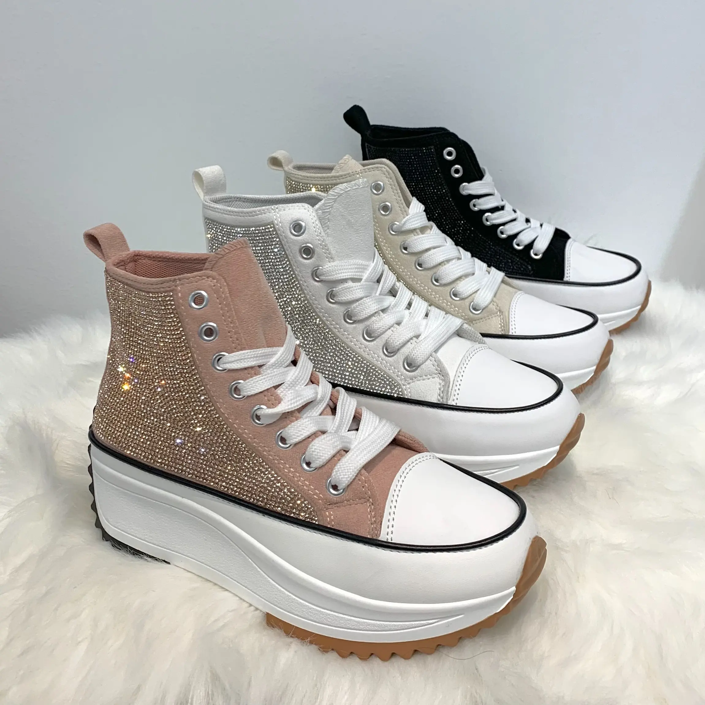Women's Rhinestone Platform High-Top Lace-Up Casual Sneakers - Streetwear Shoes, Footwear for Walking and Running Errands