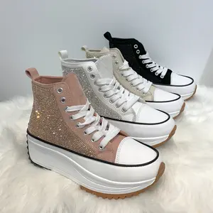 Women's Platform Rhinestone Embellished Lace Up Sneakers Casual Footwear for Running and Training Girl Shoe Athletic