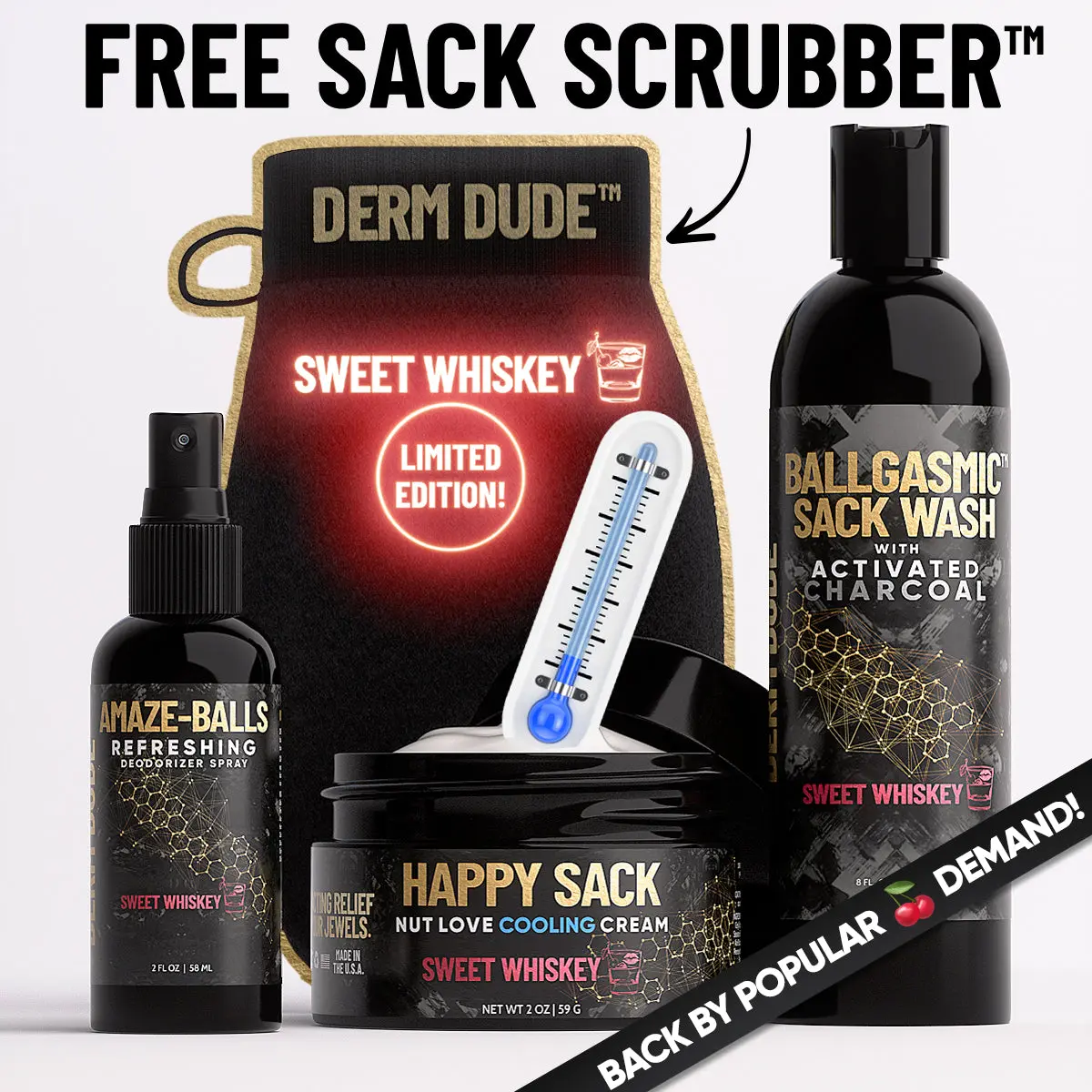 Men's Sweet Whiskey Scented Anti-Chafing Kit - Cooling, Soothing Ball Cream Deodorizer with Oak Oil, Odor Eliminator, Long Lasting Scented Self Care Products