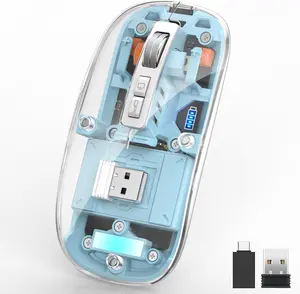 Wireless Bluetooth5.1&2.4G Mini Lightweight Mouse,Transparent Clear Cool,Rechargeable Silent Computer Mice,Nano USB C Receiver,LED Battery Magic Silm for Office/PC/Mac/Laptop/Apple/ipad