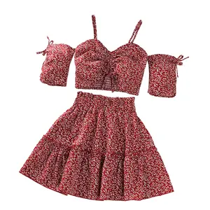 Kid Girl 2Pcs Skirt Outfit  Flower Print Short Sleeve Off Shoulder Spaghetti Strap Tops with Adjustable High Waist A-Line Skirt Summer Clothing Set Summer Clothes Set baby shower gifts