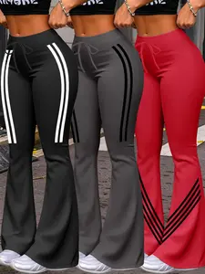 Women's Casual Striped Print Fitness Yoga Pants Set, Drawstring Waist Wide Leg Sweatpants, All-Season Fitted H-Type Jogger Bottoms, Athleisure Style Pants