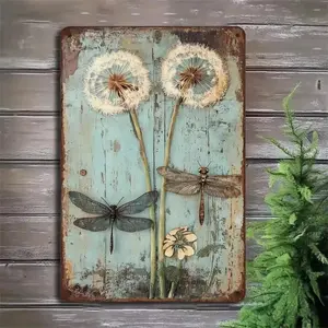 Vintage Iron Sheet Painting – 2D Dragonfly & Dandelion Wall Art – Decorative Metal Sign for Kitchen, Balcony, Studio, and Home Decor
