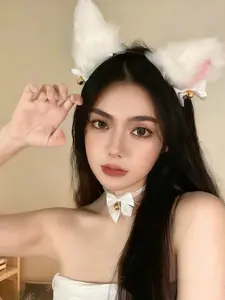 Handmade Cute Fox Cat Ear Headband Set, Lace Bow Bell Necklace Cosplay Costume, Sweet Hair Accessory for Halloween Party Gifts, Party Supplies