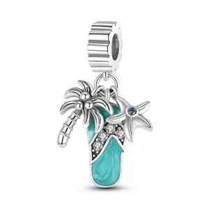 MULA S925 Silver-plated beach flip-flop charm, palm tree and starfish decoration, compatible with Pandora bracelets, the best gift for summer travel or beach-themed events