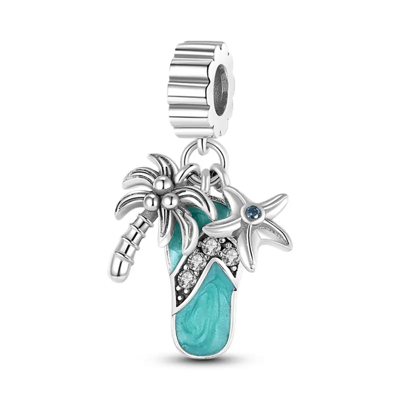 MULA S925 Silver-Plated Beach Charm with Flip-Flop & Palm Tree, Casual Jewelry with Turquoise Gem Accents for Girls, Fits Pandora Bracelets, Summer Travel Gift, Girl, Youth, Beach Theme Outfit