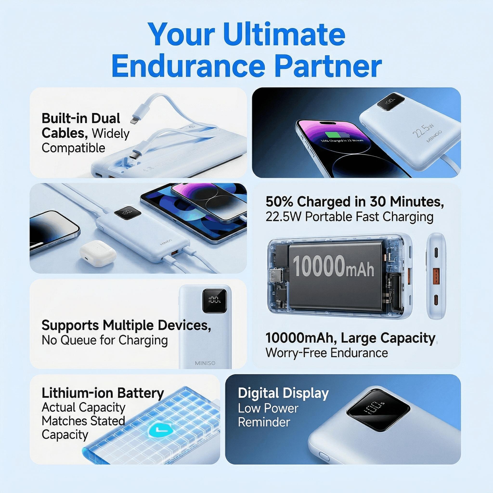 MINISO 2026 New Built-in Cable Power Bank  3C Certified, Fast Charging, Airline Approved, Slim Portable High Capacity, AirlineApproved ,TechGadget ,Travel Essential