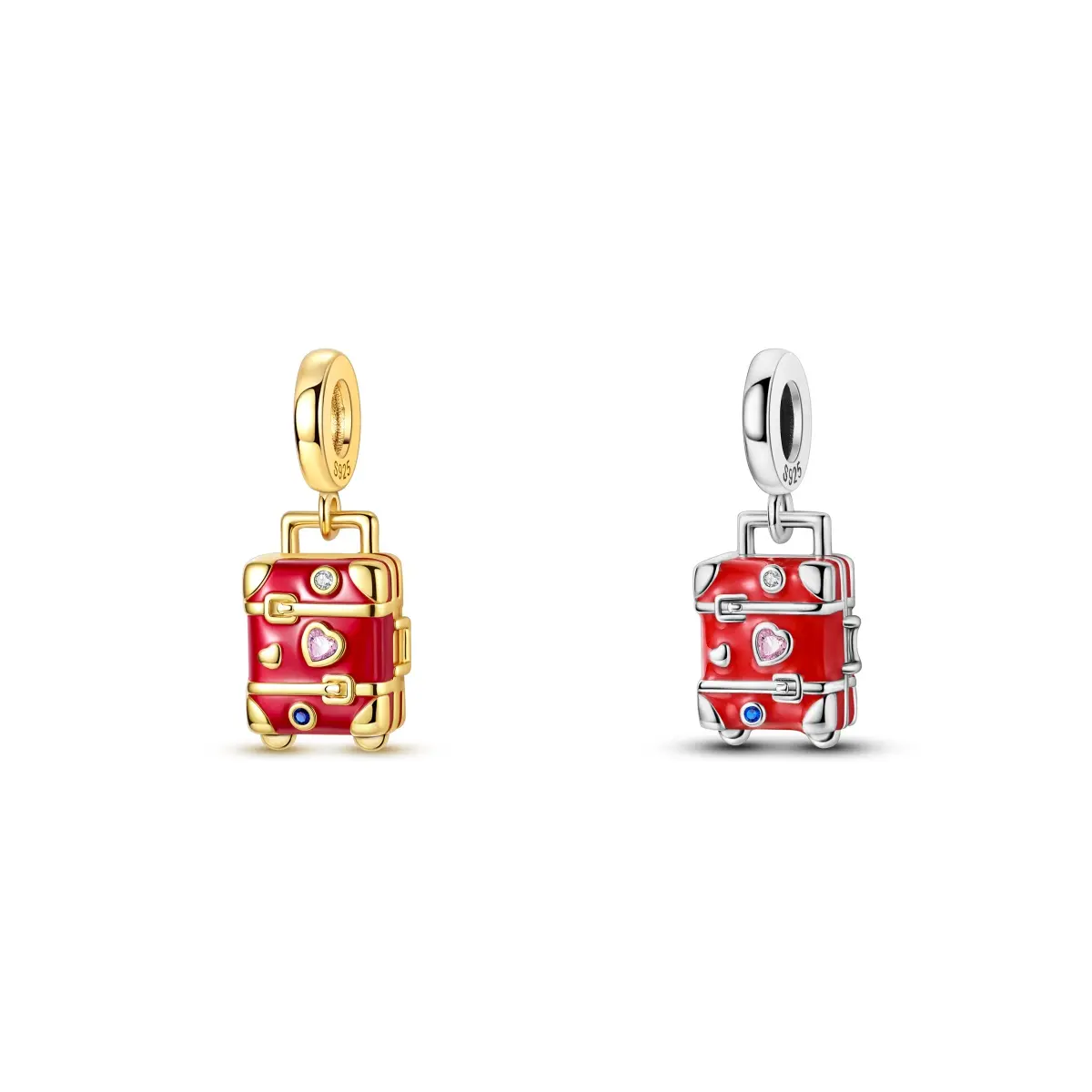 MULA 925 Silver-Plated Retro Suitcase Charm with Red Enamel & Love Crystal, Collectible Travel Bead Fits Pandora, Biagi, Trollbeads Bracelets, Collectibles, Charms & Pendants