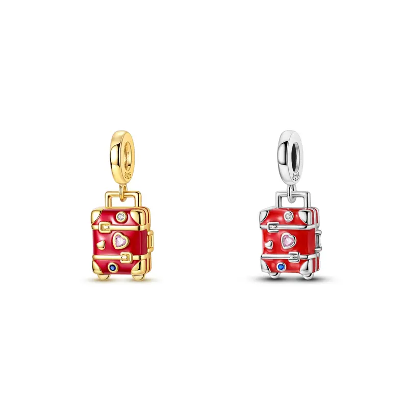 MULA Silver Plated Retro Suitcase Charm with Red Enamel & Heart Crystal Cute Travel Dangle Bead Fits Most Bracelets & Necklaces Vacation Trip Gift for Her Birthday Anniversary Christmas DIY Jewelry