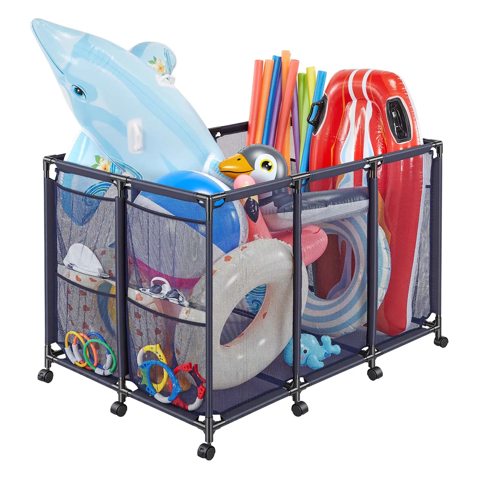 【SummerFinds】VEVOR Pool Storage Bin, 48.8 x 32.7 x 32.7 in, Rolling Pool Float Storage Organizer with Side Pockets & Casters, Heavy Duty Metal Frame, Poolside Toys Noodles Holder Mesh Basket for Swimming Pools