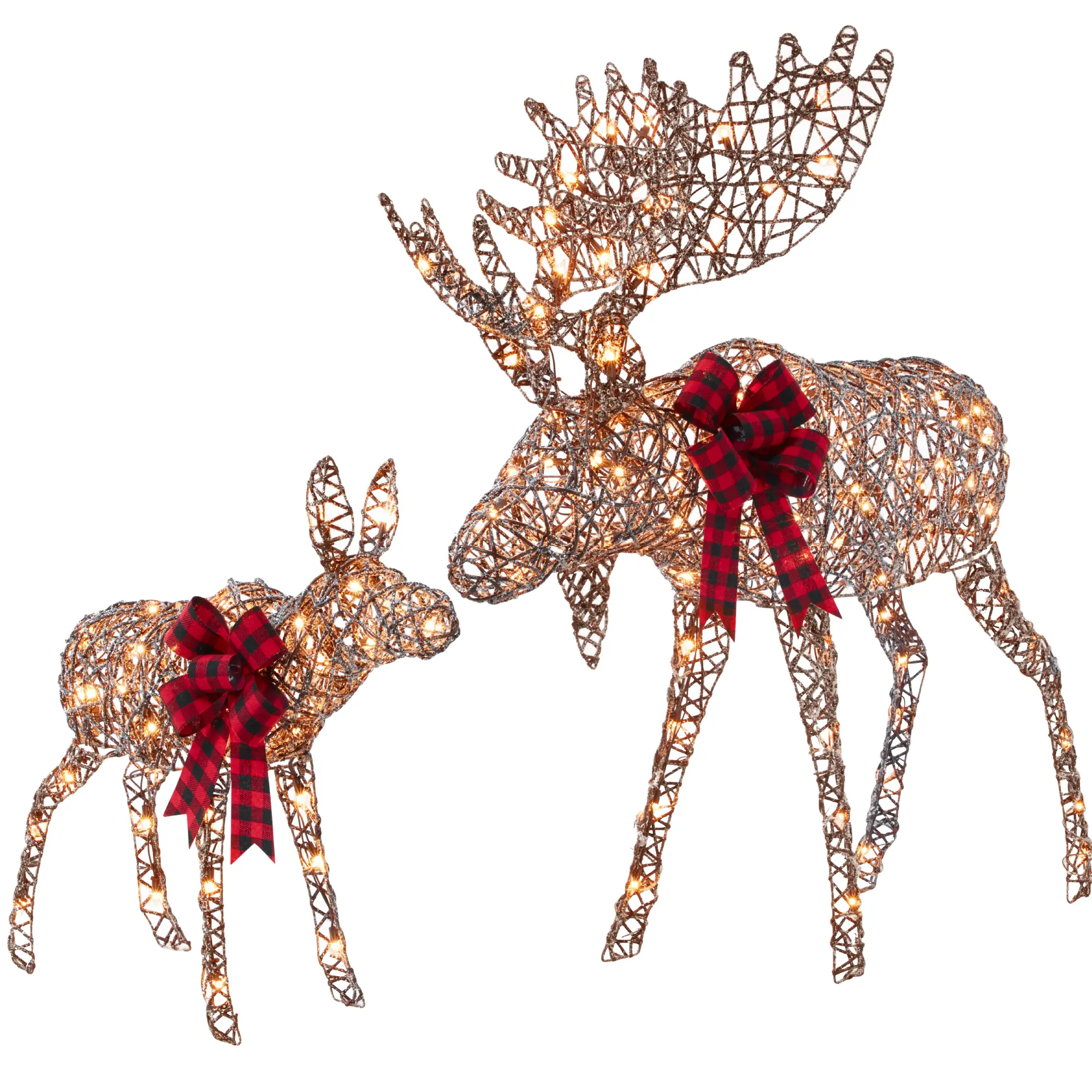 Best Choice Products 2-Piece Lighted Moose Family Christmas Yard Décor Set – 170 & 370 LED Lights, Rattan-Inspired, Gold, White, Silver, Iridescent