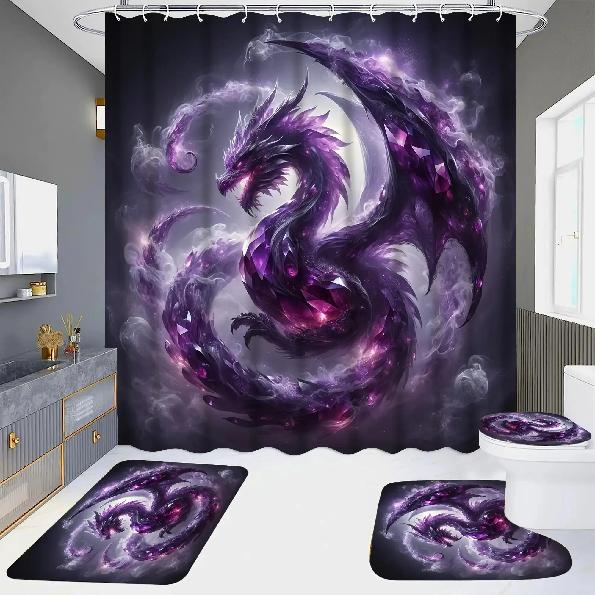 Dreamy amethyst nebula dragon pattern shower curtain set, waterproof shower curtain with 12 hooks, non-slip bathroom carpet, toilet U-shaped cushion, toilet seat cover cushion,bathroom decoration, bathroom shower curtain set,perfect moving gift.